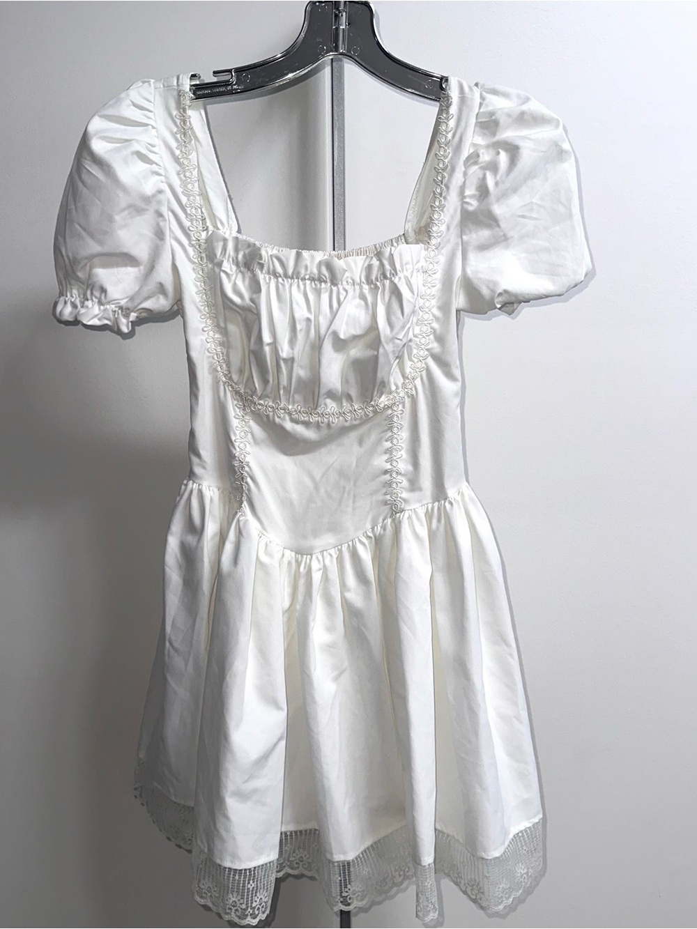 Crisp White Puff Sleeve Lace Trim Milk maid Dress